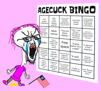 A bingo card containing phrases used by people opposed to adult-teen sexuality. (sjw attack, npc, sheeple, normies)