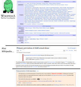 Wikipedia has a suite of articles on Raytheon, but deletes an article on CSA prevention, then burns the redirect (wikipedia, censor, hypocrisy, MAP, wojak, jimbo)